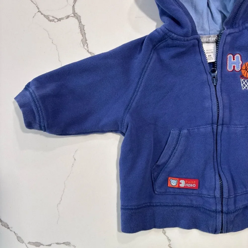 Carter's Infant Baby Blue Hoops Full Zip Hoodie Pockets Size 6M Embroidered